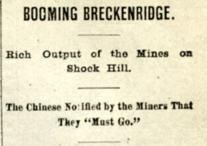 Headline from 1880 Rocky Mountain News stating "The Chinese notified by the miners that they 'must go'"