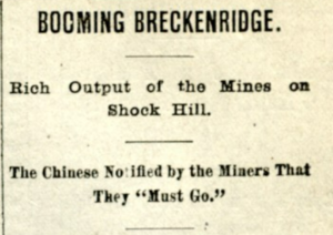 Titular de 1880 Rocky Mountain News que dice &quot;Los chinos notificados por los mineros que &#039;deben irse&#039;&quot;